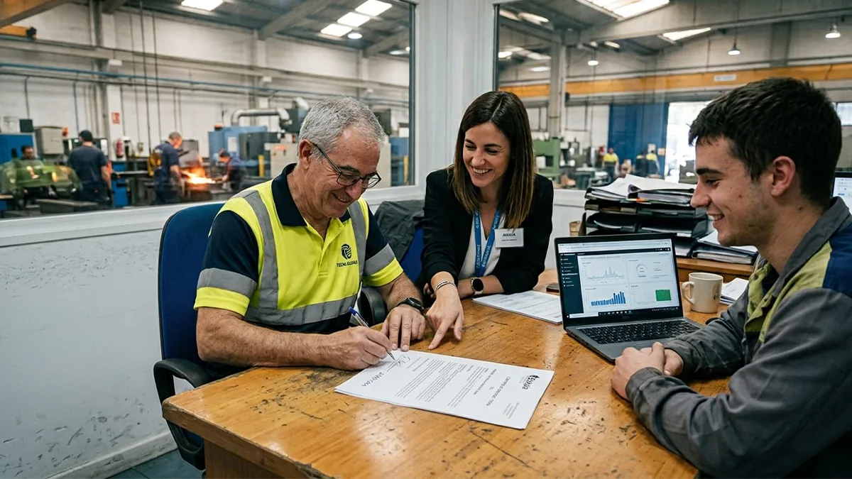 Representante de Enertria firmando un convenio CAE con un cliente industrial