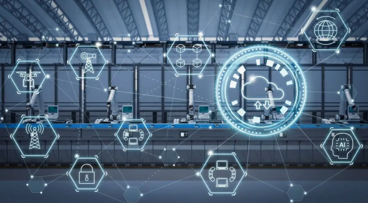 Línea de producción industrial con robots y una red de iconos de inteligencia artificial, nube, sensores y ciberseguridad conectados entre sí
