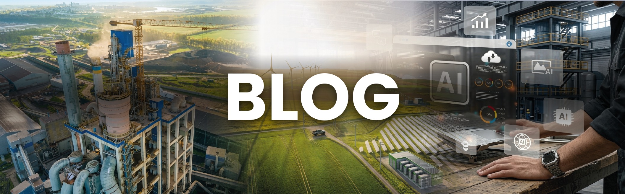 Cabecera del Blog de Enertria: planta industrial y paisaje de energías renovables con overlays de inteligencia artificial