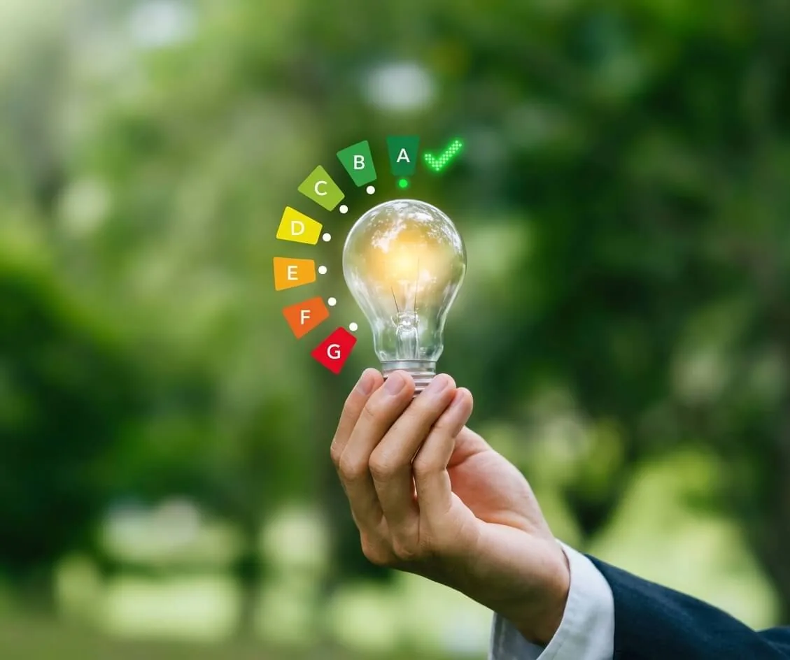 Persona sosteniendo una bombilla con la escala de eficiencia energética de la A a la G