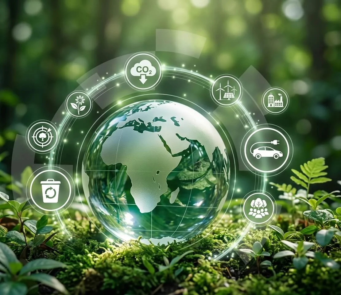 Icono de la Tierra rodeado de símbolos de reducción de CO₂, energías renovables y economía circular