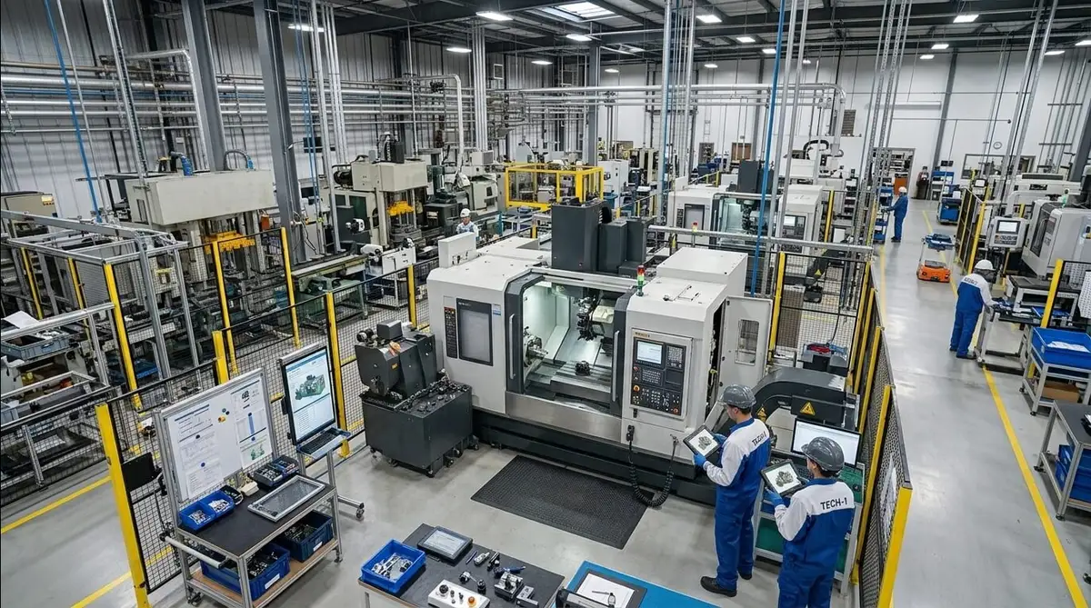 Técnicos de planta consultando en tableta el estado de las máquinas conectadas a un software de mantenimiento industrial